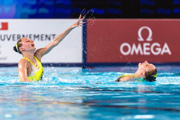 SWIMMING - EAC 2026 PARIS,FRANCE,01.AUG.26 - SWIMMING - European Aquatics Championships Paris 2026, artistic swimming, duet free. Image shows Maria and Uliana Hrynishyna (UKR).  GEPAxpictures xPhilippxBrem