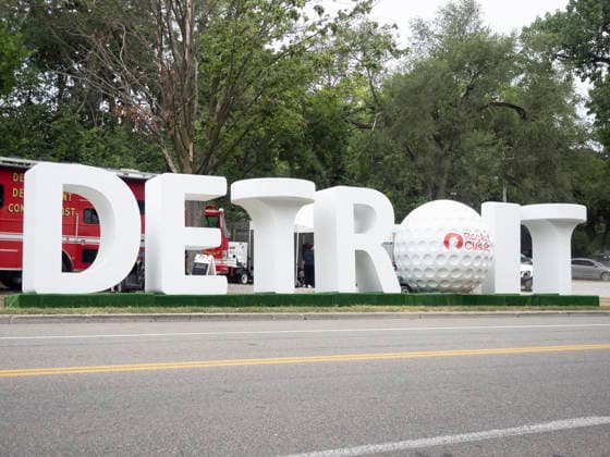 DETROIT, MI - AUGUST 01: A general view of the Detroit Rocket Classic logo during the third round of the Rocket Classic at Detroit Golf Club on August 01, 2026, in Detroit, Michigan. (Photo by Joseph Weiser Icon Sportswire) GOLF: AUG 01 PGA, Golf Herren Rocket Classic EDITORIAL USE ONLY Icon2608010013