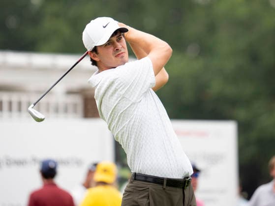 DETROIT, MI - AUGUST 01: Davis Thompson (USA) hits the ball during the third round of the Rocket Classic at Detroit Golf Club on August 01, 2026, in Detroit, Michigan. (Photo by Joseph Weiser Icon Sportswire) GOLF: AUG 01 PGA, Golf Herren Rocket Classic EDITORIAL USE ONLY Icon2608010053