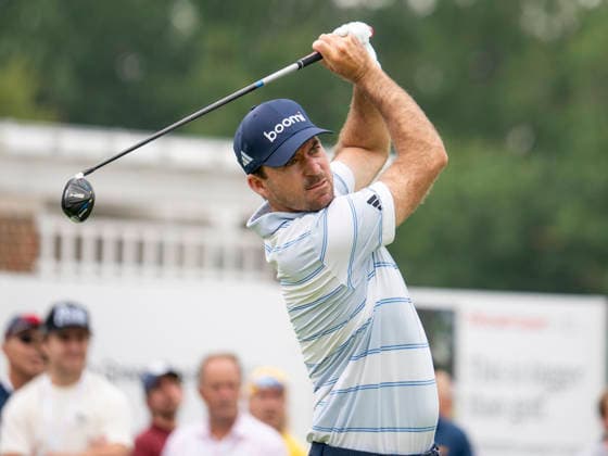 DETROIT, MI - AUGUST 01: Nick Taylor (CAN) drives the ball off the third tee box during the third round of the Rocket Classic at Detroit Golf Club on August 01, 2026, in Detroit, Michigan. (Photo by Joseph Weiser Icon Sportswire) GOLF: AUG 01 PGA, Golf Herren Rocket Classic EDITORIAL USE ONLY Icon2608010063