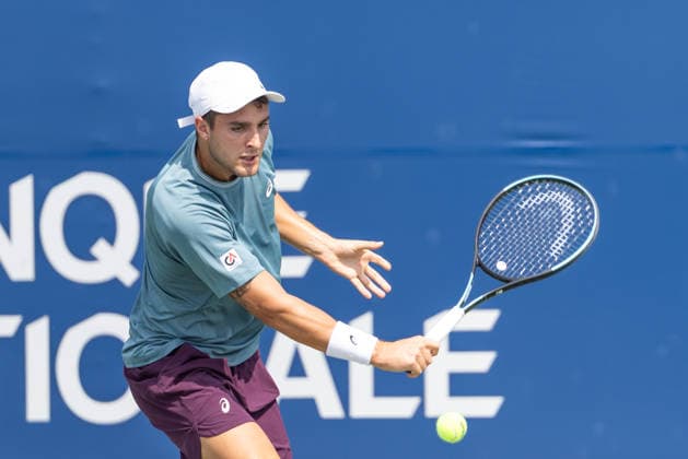 August 1, 2026, Montreal, Quebec, Canada: PABLO LLAMAS RUIZ from Spain back hand in is match against Marcos Giron from USA in qualifying round at Canadian Open at IGA stadium in Montreal, Quebec, Canada on 2026-08-01 Montreal Canada - ZUMAl189 20260801_zsp_l189_007 Copyright: xYannickxLegarex