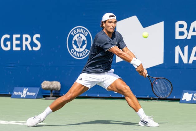 August 1, 2026, Montreal, Quebec, Canada: HENRIQUE ROCHA from Portugal back hand in is match against Martin Damm from USA in qualifying round at Canadian Open at IGA stadium in Montreal, Quebec, Canada on 2026-08-01 Montreal Canada - ZUMAl189 20260801_zsp_l189_008 Copyright: xYannickxLegarex