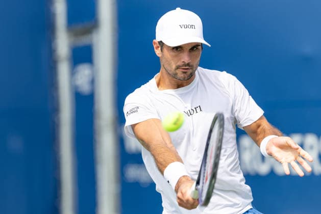 August 1, 2026, Montreal, Quebec, Canada: MARCOS GIRON from USA back hand in is match against Pablo Llamas Ruiz from Spain in qualifying round at Canadian Open at IGA stadium in Montreal, Quebec, Canada on 2026-08-01 Montreal Canada - ZUMAl189 20260801_zsp_l189_009 Copyright: xYannickxLegarex