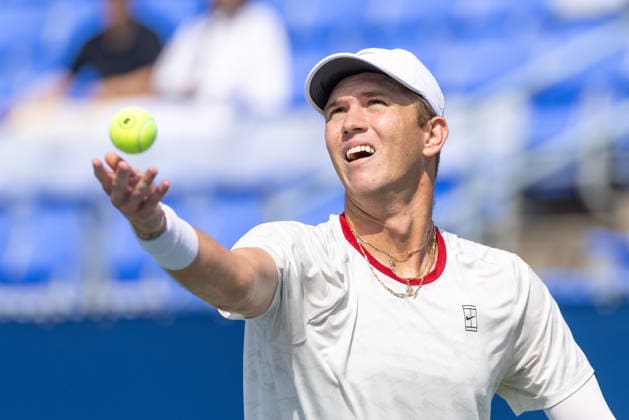August 1, 2026, Montreal, Quebec, Canada: MARTIN DAMM from USA serving in is match against Henrique Rocha from Portugal in qualifying round at Canadian Open at IGA stadium in Montreal, Quebec, Canada on 2026-08-01 Montreal Canada - ZUMAl189 20260801_zsp_l189_011 Copyright: xYannickxLegarex