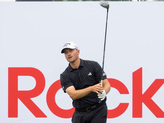 DETROIT, MI - AUGUST 01: Rasmus Hojgaard reacts after driving off the the 18th tee box during the third round of the Rocket Classic at Detroit Golf Club on August 01, 2026, in Detroit, Michigan. (Photo by Joseph Weiser Icon Sportswire) GOLF: AUG 01 PGA, Golf Herren Rocket Classic EDITORIAL USE ONLY Icon2608010183