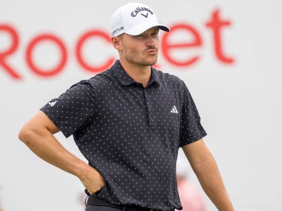 DETROIT, MI - AUGUST 01: Rasmus Hojgaard looks on 18th green during the third round of the Rocket Classic at Detroit Golf Club on August 01, 2026, in Detroit, Michigan. (Photo by Joseph Weiser Icon Sportswire) GOLF: AUG 01 PGA, Golf Herren Rocket Classic EDITORIAL USE ONLY Icon2608010213
