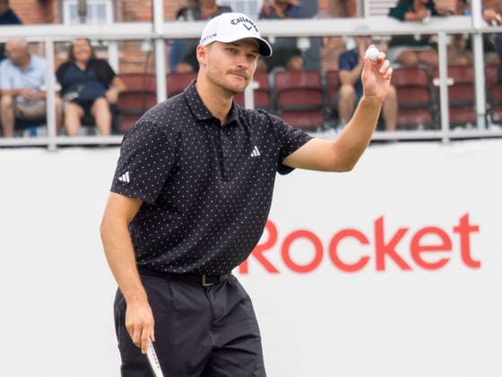 DETROIT, MI - AUGUST 01: Rasmus Hojgaard reacts after putting on the 18th green during the third round of the Rocket Classic at Detroit Golf Club on August 01, 2026, in Detroit, Michigan. (Photo by Joseph Weiser Icon Sportswire) GOLF: AUG 01 PGA, Golf Herren Rocket Classic EDITORIAL USE ONLY Icon2608010283