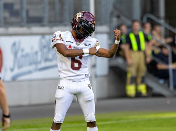 6 Kaylon Geiger (Wide Receiver) Rhein Fire touchdown celebration. Rhein Fire vs Alpine Rams, American Football, American Football League Europe, Week 11, 2026, 01.08.2026, Duisburg Schauinsland-Reisen-Arena Germany Copyright: xPFA ChristopherxMettkenx