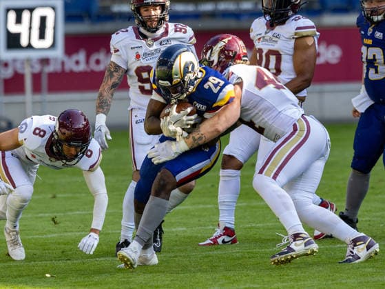 44 Marius Kensy (Linebacker) Rhein Fire tackle 29 Lionel Bangala (Running Back) Alpine Rams Rhein Fire vs Alpine Rams, American Football, American Football League Europe, Week 11, 2026, 01.08.2026, Duisburg Schauinsland-Reisen-Arena Germany Copyright: xPFA ChristopherxMettkenx