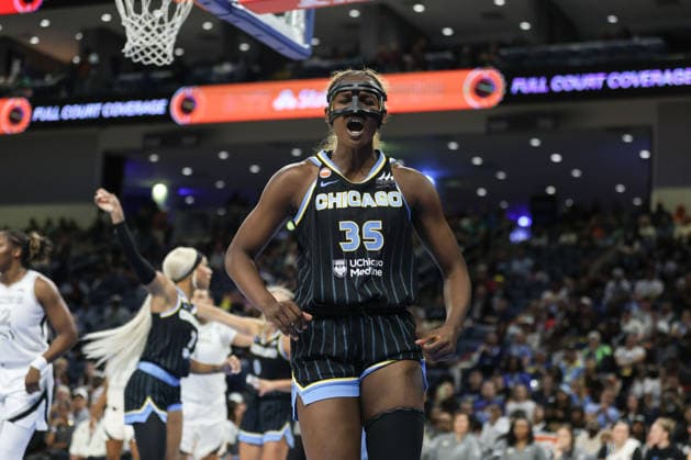 CHICAGO, USA - August 1: Aicha Coulibaly (35 Chicago Sky) reacts to a play during the game between the Chicago Sky and Las Vegas Aces at the United Center on Saturday, August 1 in Chicago, USA  Copyright: xShainaxBenhiyoun SPPx Sportspressphoto_SPR198997