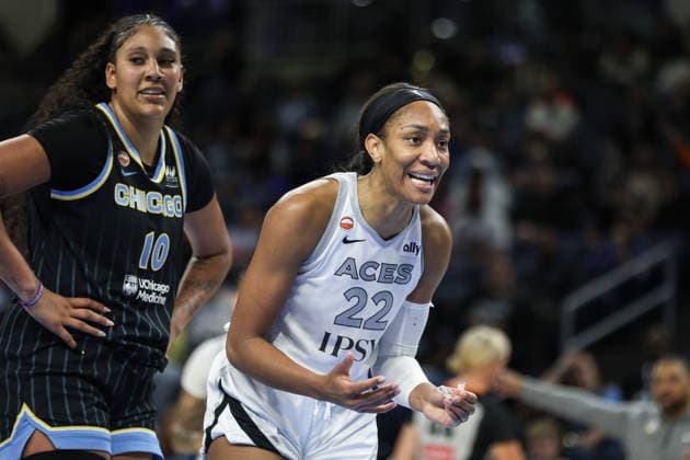 CHICAGO, USA - August 1: A ja Wilson (22 Las Vegas Aces) reacts to a play during the game between the Chicago Sky and Las Vegas Aces at the United Center on Saturday, August 1 in Chicago, USA  Copyright: xShainaxBenhiyoun SPPx Sportspressphoto_SPR199000