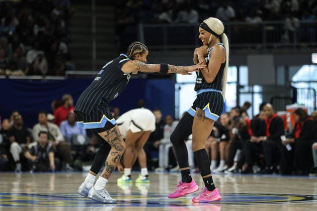 CHICAGO, USA - August 1: Natasha Cloud (9 Chicago Sky) and DiJonai Carrington (7 Chicago Sky) laugh during the game between the Chicago Sky and Las Vegas Aces at the United Center on Saturday, August 1 in Chicago, USA  Copyright: xShainaxBenhiyoun SPPx Sportspressphoto_SPR199003