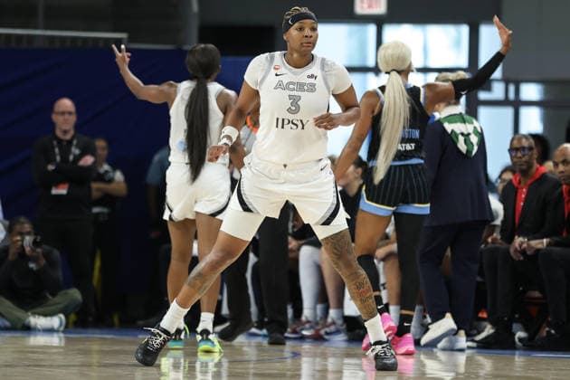 CHICAGO, USA - August 1: NaLyssa Smith (3 Las Vegas Aces) is seen with DiJonai Carrington (7 Chicago Sky) in the background during the game between the Chicago Sky and Las Vegas Aces at the United Center on Saturday, August 1 in Chicago, USA  Copyright: xShainaxBenhiyoun SPPx Sportspressphoto_SPR199006
