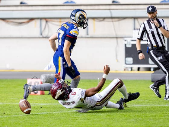 Incomplete pass to 6 Kaylon Geiger (Wide Receiver) Rhein Fire Rhein Fire vs Alpine Rams, American Football, American Football League Europe, Week 11, 2026, 01.08.2026, Duisburg Schauinsland-Reisen-Arena Germany Copyright: xPFA ChristopherxMettkenx