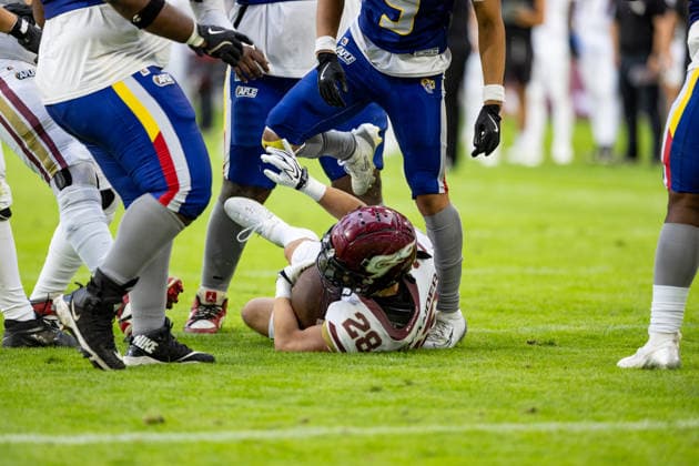 28 TJ Alexander (Running Back) Rhein Fire with the first down. Rhein Fire vs Alpine Rams, American Football, American Football League Europe, Week 11, 2026, 01.08.2026, Duisburg Schauinsland-Reisen-Arena Germany Copyright: xPFA ChristopherxMettkenx
