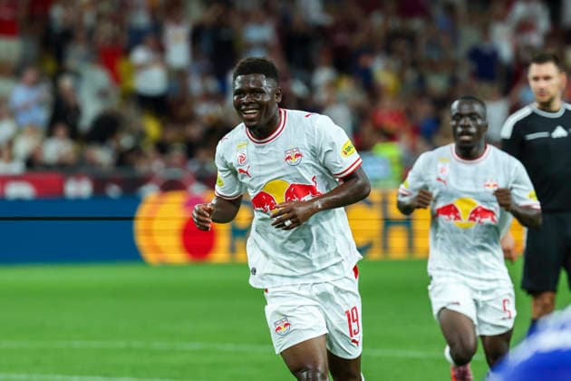 SOCCER - BL, RBS vs Hartberg SALZBURG,AUSTRIA,01.AUG.26 - SOCCER - ADMIRAL Bundesliga, Red Bull Salzburg vs TSV Hartberg. Image shows the rejoicing of scorer Karim Konate (RBS).  GEPAxpictures xDavidxGeieregger