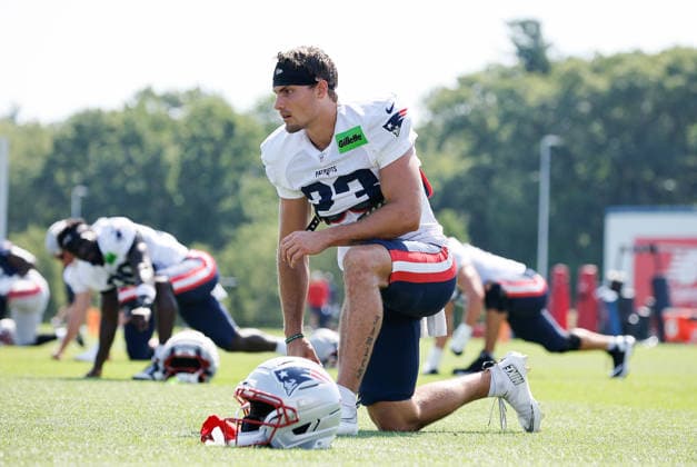 FOXBOROUGH, MA - AUGUST 01: New England Patriots wide receiver Nick DeGennaro (23) warms up during training camp on August 1, 2026, at Gillette Stadium in Foxborough, MA. (Photo by M. Anthony Nesmith Icon Sportswire) NFL, American Football Herren, USA AUG 01 New England Patriots Training Camp EDITORIAL USE ONLY Icon26080111