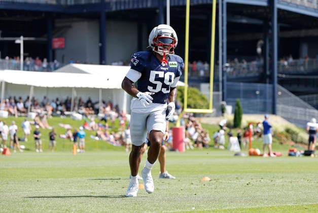 FOXBOROUGH, MA - AUGUST 01: New England Patriots linebacker Khalil Jacobs (59) participate in drills during training camp on August 1, 2026, at Gillette Stadium in Foxborough, MA. (Photo by M. Anthony Nesmith Icon Sportswire) NFL, American Football Herren, USA AUG 01 New England Patriots Training Camp EDITORIAL USE ONLY Icon26080120