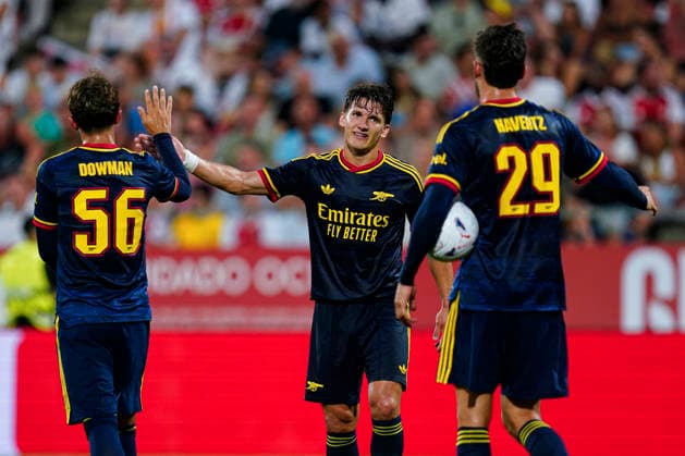 ESP:Girona FC - Arsenal FC . Friendly match 2026-2027 Tzolis of Arsenal FC celebrates the 0-2 during the Costa Brava Trophy match 2026-2027, between Girona FC and Arsenal FC played at Montilivi Stadium on August 01, 2026 in Girona, Spain. kpng Copyright: xSergioxRuizx xPRESSINx PS_2627_GIR_ARS_019
