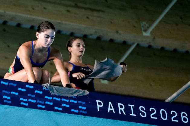 Matilde Marzetti, Irene Pesce of Italy compete in the diving 10m Platform Synchro Women Final during the European Aquatics Championships at the Olympic Aquatic Center in Paris (France), August 1, 2026. Andrea Masini Deepbluemedia Insidefoto
