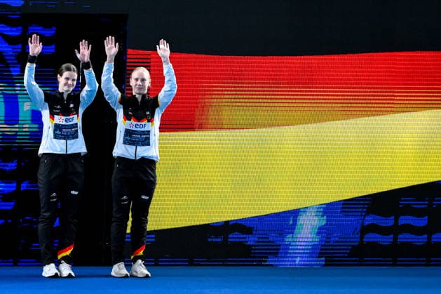 Pauline Alexandra Pfeif, Elena Wassen of Germany prepare to compete in the diving 10m Platform Synchro Women Final during the European Aquatics Championships at the Olympic Aquatic Center in Paris (France), August 1, 2026. Andrea Staccioli