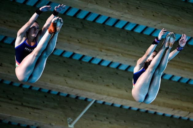 Matilde Marzetti, Irene Pesce of Italy compete in the diving 10m Platform Synchro Women Final during the European Aquatics Championships at the Olympic Aquatic Center in Paris (France), August 1, 2026. Andrea Masini Deepbluemedia Insidefoto