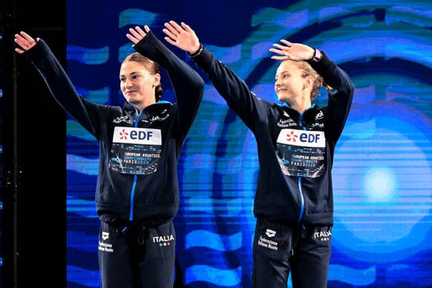 Matilde Marzetti, Irene Pesce of Italy prepare to compete in the diving 10m Platform Synchro Women Final during the European Aquatics Championships at the Olympic Aquatic Center in Paris (France), August 1, 2026. Andrea Masini Deepbluemedia Insidefoto