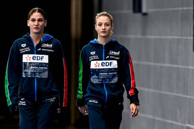 Matilde Marzetti, Irene Pesce of Italy prepare to compete in the diving 10m Platform Synchro Women Final during the European Aquatics Championships at the Olympic Aquatic Center in Paris (France), August 1, 2026. Andrea Masini Deepbluemedia Insidefoto