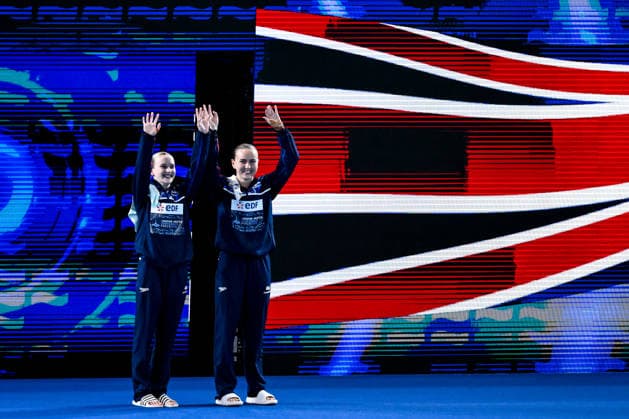 Maisie Bond, Lois Toulson of Great Britain prepare to compete in the diving 10m Platform Synchro Women Final during the European Aquatics Championships at the Olympic Aquatic Center in Paris (France), August 1, 2026. Andrea Staccioli