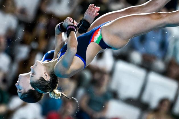Matilde Marzetti, Irene Pesce of Italy compete in the diving 10m Platform Synchro Women Final during the European Aquatics Championships at the Olympic Aquatic Center in Paris (France), August 1, 2026. Andrea Staccioli