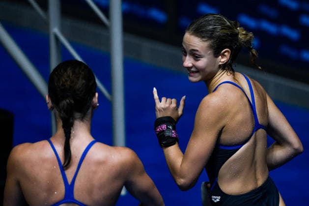 Matilde Marzetti, Irene Pesce of Italy compete in the diving 10m Platform Synchro Women Final during the European Aquatics Championships at the Olympic Aquatic Center in Paris (France), August 1, 2026. Andrea Staccioli