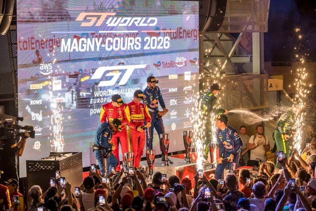 AUTO - GT WORLD CHALLENGE EUROPE ENDURANCE CUP - MAGNY-COURS 2026 03 JUNCADELLA Dani, GOUNON Jules, Mercedes - AMG Team Verstappen Racing,Mercedes-AMG GT3 EVO, 50 Thomas Neubauer, Arthur LECLERC, AF Corse, Ferrari 296 GT3 EVOPRO, 48 Lucas Auer, Maro ENGEL, Courses Winward, Mercedes-AMG GT3 EVOPRO, portrait, podium, during the 6th round of the GT World Challenge Europe 2026, from July 31 to August 2, 2026 on the Circuit de Nevers Magny-Cours, in Magny-Cours, France -  Copyright: xGREGORYxLENORMANDx