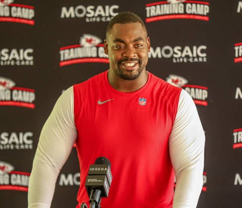 AUGUST 1, 2026: Kansas City Chiefs defensive tackle Chris Jones answers questions from the media after practice at Chiefs training camp in St. Joseph, MO. CSM St. Joseph United States - ZUMAc04_ 20260801_zma_c04_081 Copyright: xRomanxPunox