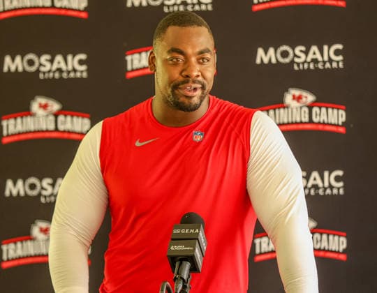 AUGUST 1, 2026: Kansas City Chiefs defensive tackle Chris Jones answers questions from the media after practice at Chiefs training camp in St. Joseph, MO. CSM St. Joseph United States - ZUMAc04_ 20260801_zma_c04_078 Copyright: xRomanxPunox