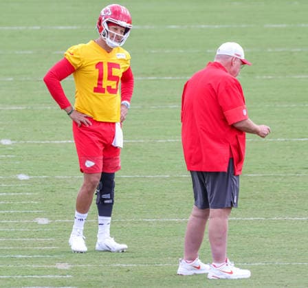AUGUST 1, 2026: Kansas City Chiefs quarterback Patrick MahomesÃ‚ reacts to head coach Andy Reid during practice at Chiefs training camp in St. Joseph, MO. CSM St. Joseph United States - ZUMAc04_ 20260801_zma_c04_071 Copyright: xRomanxPunox