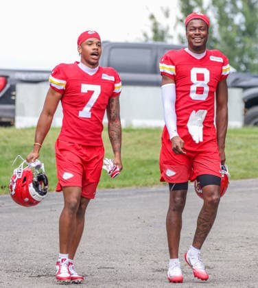 AUGUST 1, 2026: Kansas City Chiefs wide receiver Omari Evans and Kansas City Chiefs cornerback Jeff Caldwell at Chiefs training camp in St. Joseph, MO. CSM St. Joseph United States - ZUMAc04_ 20260801_zma_c04_033 Copyright: xRomanxPunox
