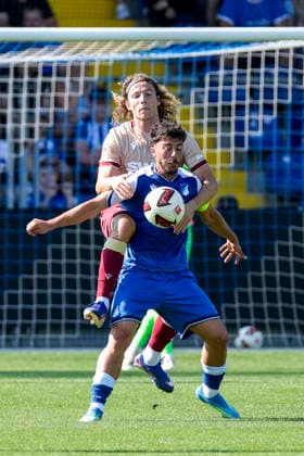 v.li.: Tim Civeja (KSC, 23), Umut Tohumcu (Hoffenheim, 25), Zweikampf, Spielszene, Duell, duel, tackle, tackling, Dynamik, Action, Aktion, 01.08.2026, Sinsheim (Deutschland), Fussball, Testspiel, TSG 1899 Hoffenheim - Karlsruher SC, DFB DFL REGULATIONS PROHIBIT ANY USE OF PHOTOGRAPHS AS IMAGE SEQUENCES AND OR QUASI-VIDEO. *** From left: Tim Civeja (KSC), 23, Umut Tohumcu (Hoffenheim), 25, tackle, game scene, duel, tackle, tackling, dynamism, action, 01 08 2026, Sinsheim, Germany, soccer, friendly match, TSG 1899 Hoffenheim vs. Karlsruher SC, DFB and DFL regulations prohibit any use of photographs as image sequences and or quasi-video xozx