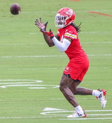 AUGUST 1, 2026: Kansas City Chiefs wide receiver Rashee Rice receives a pass during practice at Chiefs training camp in St. Joseph, MO. CSM St. Joseph United States - ZUMAc04_ 20260801_zma_c04_089 Copyright: xRomanxPunox