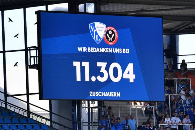 Fußball Testspiel VfL Bochum - Sheffield United am 01.08.2026 im Vonovia Ruhrstadion in Bochum Die Anzeigetafel im Vonovia Ruhrstadion zeigt die Zuschauerzahl an: 11.304 *** Soccer Friendly Match: VfL Bochum vs. Sheffield United on August 1, 2026, at the Vonovia Ruhrstadion in Bochum. The scoreboard at the Vonovia Ruhrstadion shows the attendance at 11,304. xRx