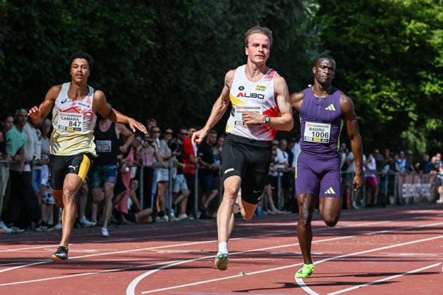 IFAM outdoor Oordegem 2026 Ibrahim Camara (BELGIUM - Royal White Star AC) runs 100m MEN , Simon Verherstraeten (BELGIUM - AV Lyra-Lierse) runs 100m MEN , Mohammed Badru (FRANCE) runs 100m and 200m MEN pictured during IFAM outdoor Oordegem , on Saturday 1 August 2026 in Oordegem , Belgium . PHOTO ISOSPORT Stijn Audooren Oordegem Belgium  Copyright: xStijnxAudoorenx 20260801_164852_SA2_0403
