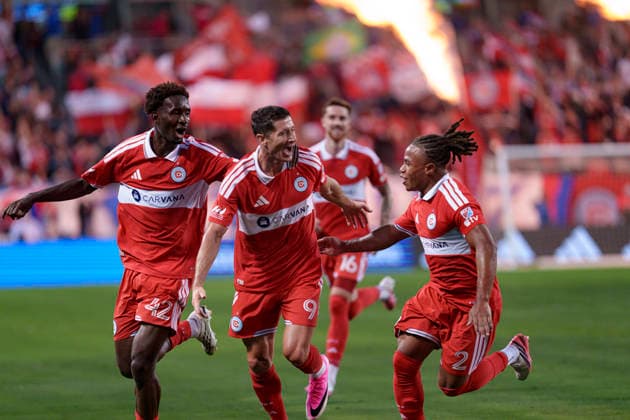 Robert Lewandowski, Dje Tah D Avilla and Leonardo Barroso seen celebrating after scoring goal during MLS, Fussball Herren, USA game between teams of Chicago Fire and Charlotte FC (Martin Murillo Ball Raw Images) Chicago Dignity Health Sports Park USA Copyright: xMartinxMurillox martinmurillo_chicagofire_charlotte_2627-11