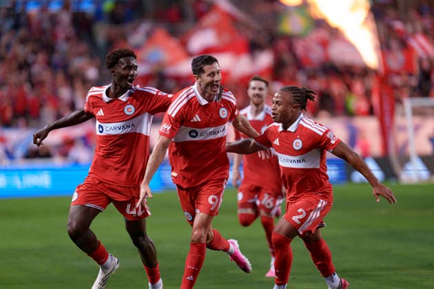 Robert Lewandowski, Dje Tah D Avilla and Leonardo Barroso seen celebrating after scoring goal during MLS, Fussball Herren, USA game between teams of Chicago Fire and Charlotte FC (Martin Murillo Ball Raw Images) Chicago Dignity Health Sports Park USA Copyright: xMartinxMurillox martinmurillo_chicagofire_charlotte_2627-12