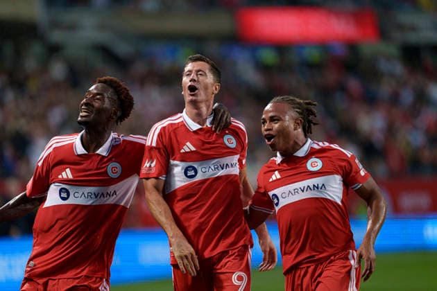 Robert Lewandowski, Dje Tah D Avilla and Leonardo Barroso seen celebrating after scoring goal during MLS, Fussball Herren, USA game between teams of Chicago Fire and Charlotte FC (Martin Murillo Ball Raw Images) Chicago Dignity Health Sports Park USA Copyright: xMartinxMurillox martinmurillo_chicagofire_charlotte_2627-17