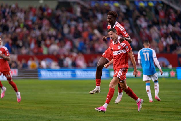 Robert Lewandowski and Dje Tah D Avilla seen celebrating after scoring goal during MLS, Fussball Herren, USA game between teams of Chicago Fire and Charlotte FC (Martin Murillo Ball Raw Images) Chicago Dignity Health Sports Park USA Copyright: xMartinxMurillox martinmurillo_chicagofire_charlotte_2627-4