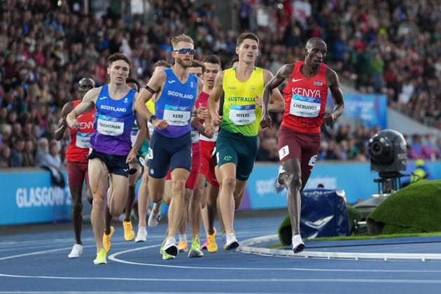 RECORD DATE NOT STATED 1st August 2026; Glasgow, Scotland; 2026 Commonwealth Games, Day Ten; Josh Kerr of Scotland, Cameron Myers of Australia and Timothy Cheruiyot of Kenya running in the Mens one mile final AlecxBrown