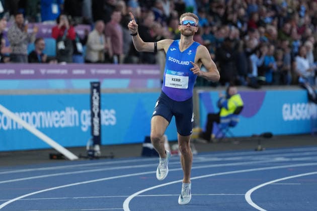 RECORD DATE NOT STATED 1st August 2026; Glasgow, Scotland; 2026 Commonwealth Games, Day Ten; Josh Kerr of Scotland crosses the finish line and celebrates winning the Mens one mile final AlecxBrown