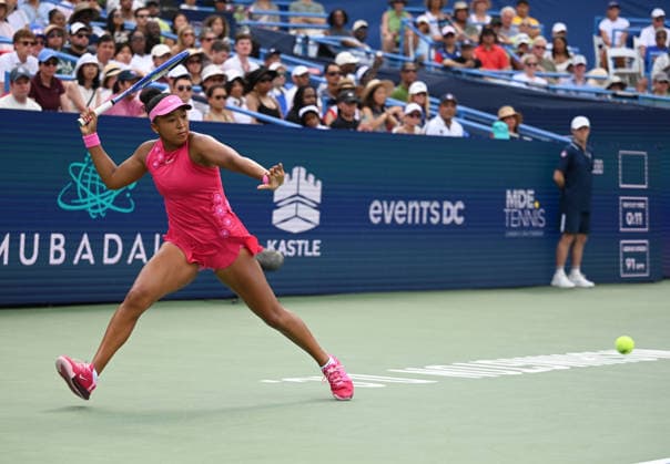 WASHINGTON, DC - AUGUST 01: Naomi Osaka of Japan returns a shot in the Women s Singles Semifinal match against Alexandra Eala of Philippines on day 6 of the Mubadala Citi DC Open 2026 at William H.G. FitzGerald Tennis Center on August 1, 2026 in Washington, DC.  Copyright: xChinaxNewsxServicex 111657691342