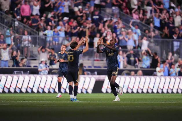 August 01, 2026: Philadelphia Union Defender Neil Pierre (44) and Philadelphia Union Forward Milan Iloski (10) celebrate a goal during the second half of an MLS, Fussball Herren, USA match against Atlanta United at Subaru Park in Chester, Pennsylvania. CSM Chester United States of America - ZUMAc04_ 20260801_zma_c04_199 Copyright: xKylexRoddenx