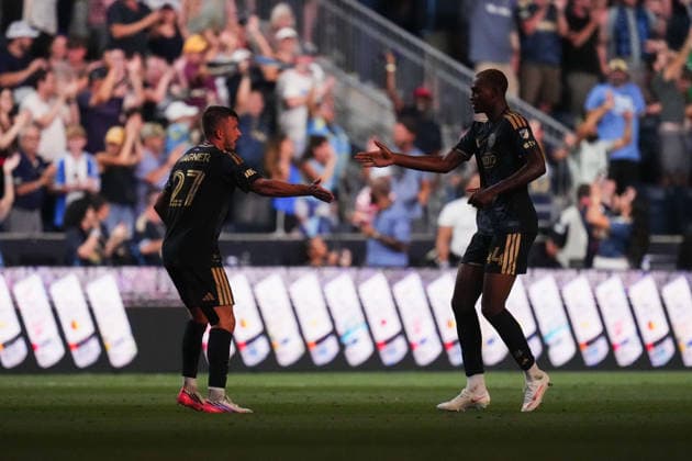 August 01, 2026: Philadelphia Union Defender Neil Pierre (44) and Philadelphia Union Defender Kai Wagner (27) celebrate a goal during the second half of an MLS, Fussball Herren, USA match against Atlanta United at Subaru Park in Chester, Pennsylvania. CSM Chester United States of America - ZUMAc04_ 20260801_zma_c04_202 Copyright: xKylexRoddenx