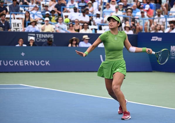 WASHINGTON, DC - AUGUST 01: Alexandra Eala of Philippines returns a shot in the Women s Singles Semifinal match against Naomi Osaka of Japan on day 6 of the Mubadala Citi DC Open 2026 at William H.G. FitzGerald Tennis Center on August 1, 2026 in Washington, DC.  Copyright: xChinaxNewsxServicex 111657691752
